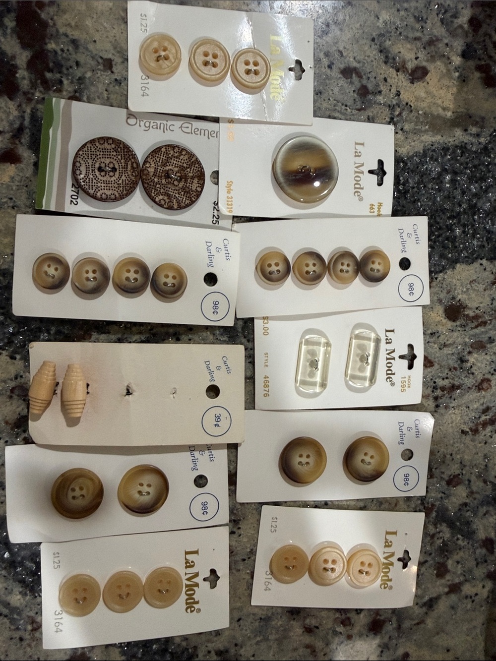 Vintage Beige Brown Button Assortment  on Cards 11 cards 28 buttons total